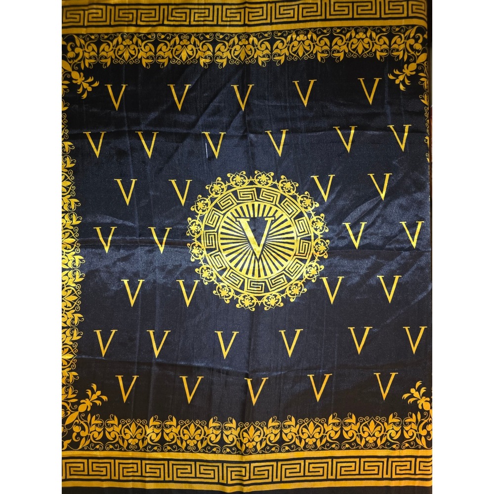 Black Gold Baroque V Monogram Square Scarf Greek Key Border 36x35 - Picture 1 of 5
